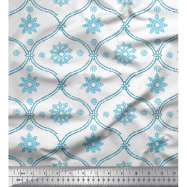 Soimoi Blue polyester Crepe Fabric Ogee Damask & Floral Block Print Sewing Fabric Yard 42 Inch Wide