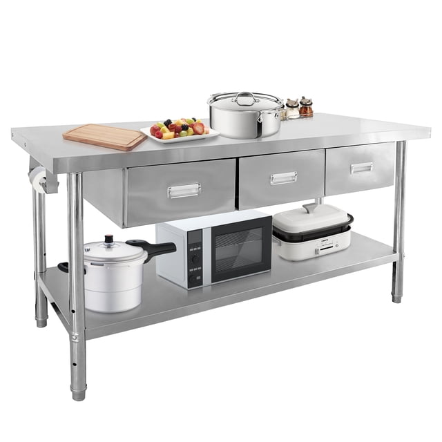 Table de Préparation en Acier Inoxydable de 1460 Lb avec 3 Tiroirs et Tablette Réglable, Établi Commercial à 2 Niveaux pour Restaurant, Cuisine, Service Alimentaire, 150 cm 180 cm