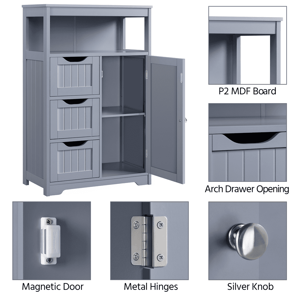 FullFurnique armoire plancher de salle de bain MDF organisateur de rangement en bois avec tiroirs, gris