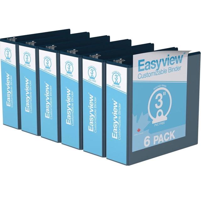 Davis Group Easyview Premium Round Ring Customizable View Binder 6 Pack 3 inch, six blue binders with clear overlay on front, spine, and back covers, PVC-free polypropylene material, back-mounted rings for pages to lie flat, made in Canada, ideal for organizing presentations, manuals, and reports.