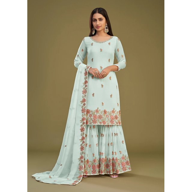 Pakistani Tenue de Mariée Menthe Claire Georgette Brodée Ensemble Gharara