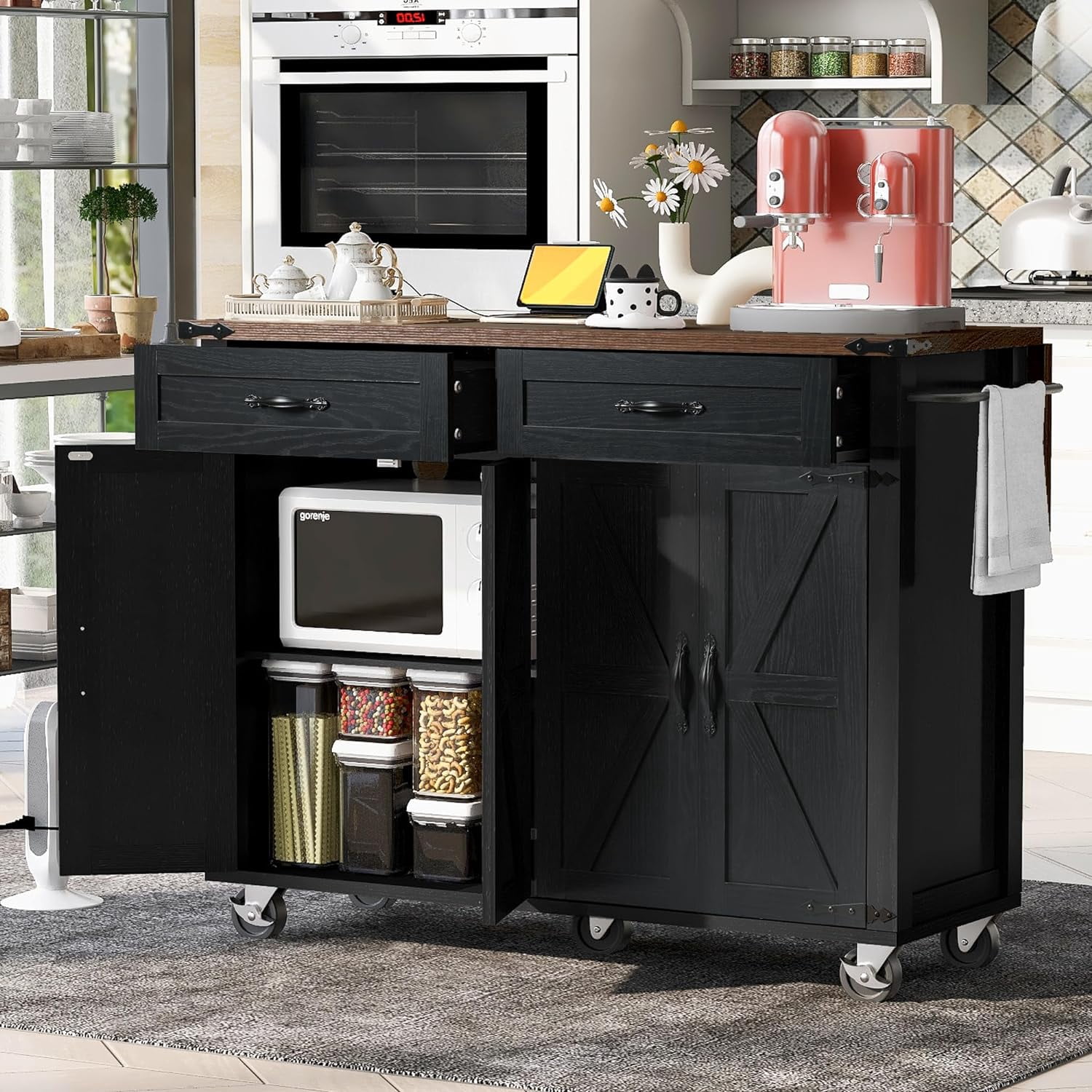 Farmhouse Kitchen Island,Large Rolling Kitchen Cart on Wheels,Solid Wood Storage Island with Drop Leaf, Spice Rack and Drawer,Power Outlet (Black)