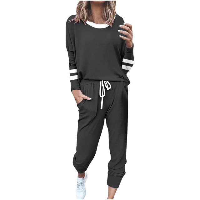 Posijego Ensemble Femme 2 Pcs Tenue Rayée Décontractée Manches Longues Col Ras du Cou Hauts Pantalons à Cordon Ensembles Détente P-5TG