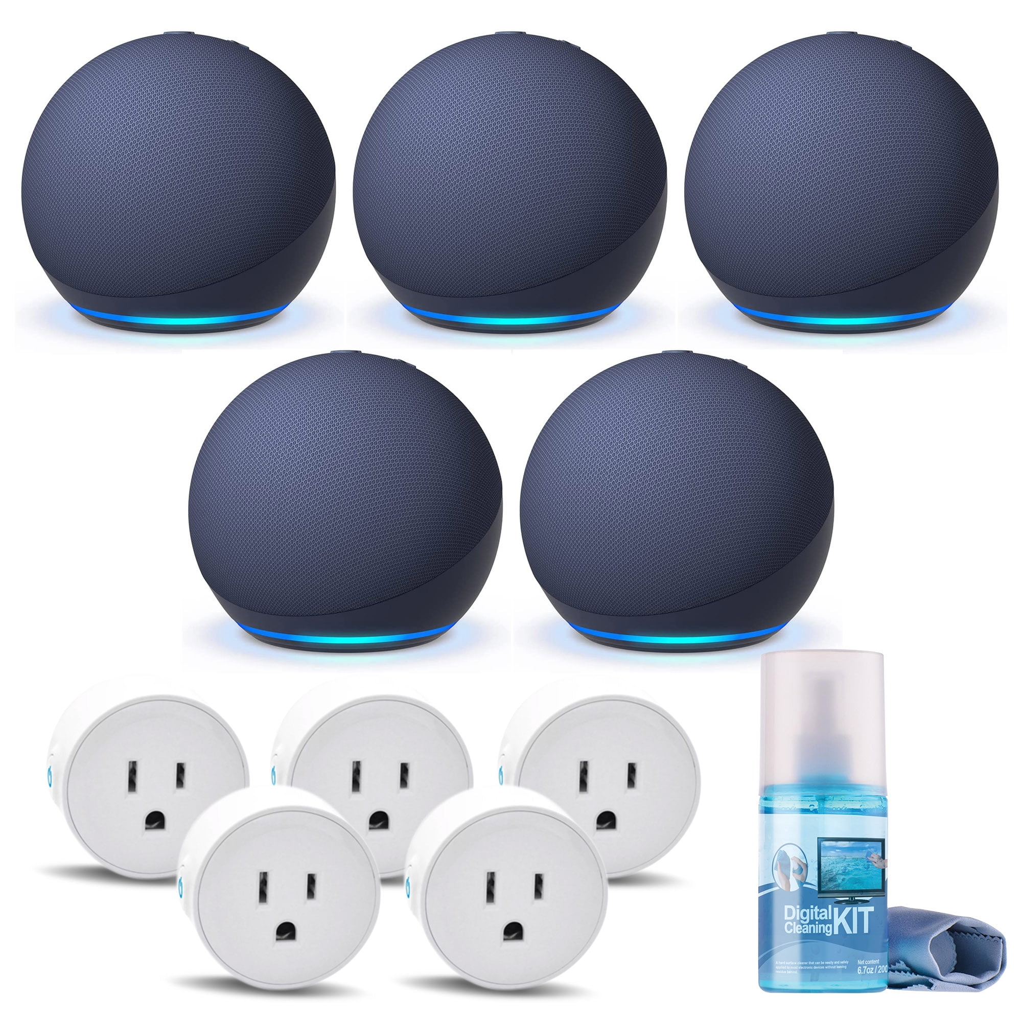 5-Pack Echo Dot (5th Gen, 2022 Release) (Deep Sea Blue) with 5-Wifi Smart Plugs and Cleaning Kit