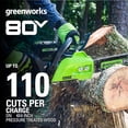 thumbnail image 3 of Greenworks 80V 16 Pouces Scie à Chaîne Sans Fil Sans Balais (Idéal pour l'Abattage d'Arbres, l'Élagage, la Taille et le Bois de Chauffage / 75+ Outils Compatibles), Batterie 2,0ah et Chargeur Inclus, 3 of 11