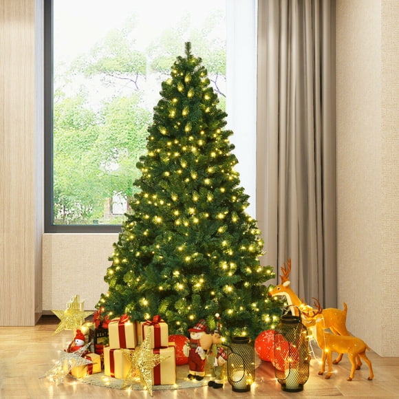 Gymax Arbre de Noël Artificiel en PVC Pré-Illuminé de 7 Pieds avec Lumières DEL Articulées, Support en Métal
