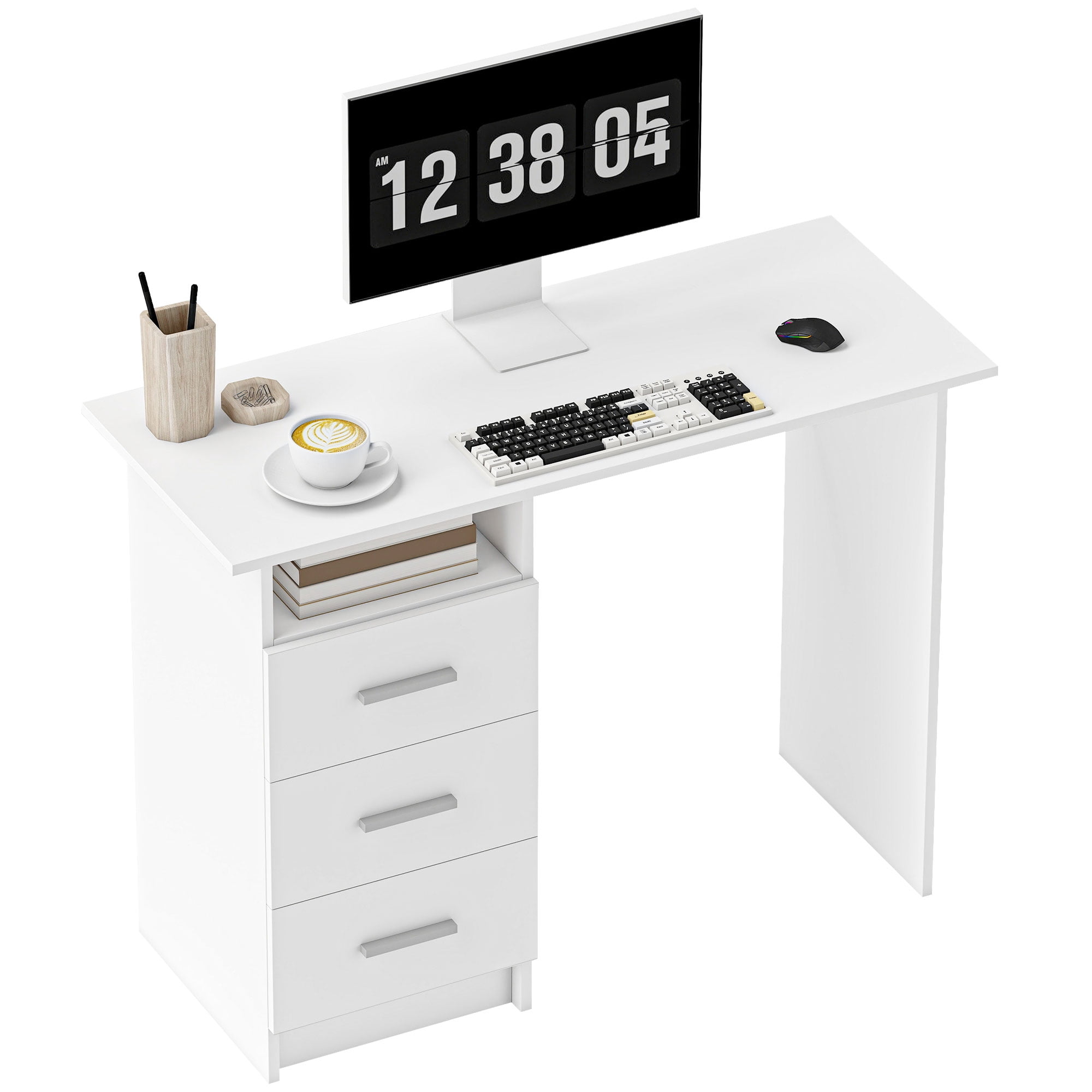 HOMCOM Computer Desk with Drawers, 39" Home Office Desk with Open Shelf