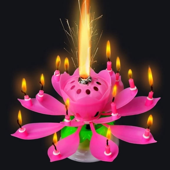 LAICAIW Bougie Romantique Musicale d'Anniversaire à Deux Couches avec 14 Petites Bougies Lotus Musical Rotative Bougie Fleur Joyeux Anniversaire (Rose)