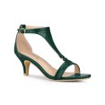 thumbnail image 1 of BLISSFUL STEP Women's Shoes T-Strap Embossed Kitten Heel Buckle Closure Open Toe Dress Sandals Dark Green 7.5, 1 of 7
