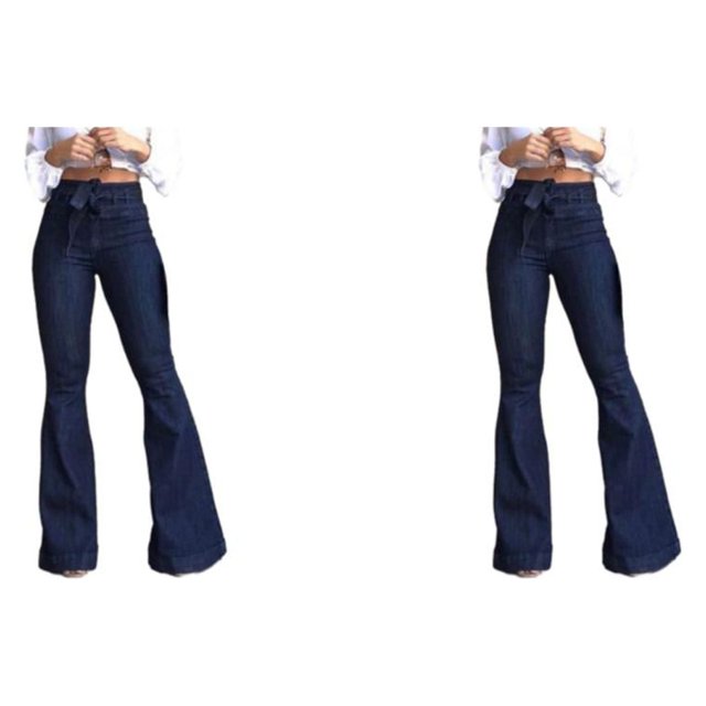 pitrice Women Wide Leg Jeans High Waist Flared Pants Solid Color Strap Spring Summer Hip-Lifting Ladies Trousers For Office Blue S 2Set