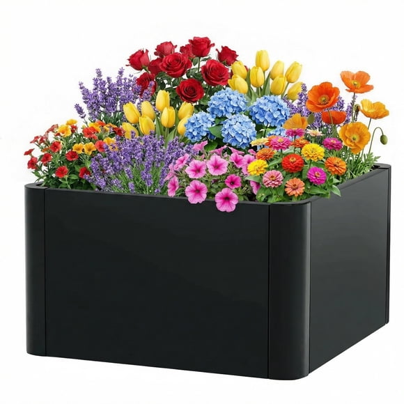 Garvee Jardinière Carrée en Métal 21"x21"x12 Pouces, Bac à Plantes d'Extérieur avec Trous de Drainage et Base, Noir