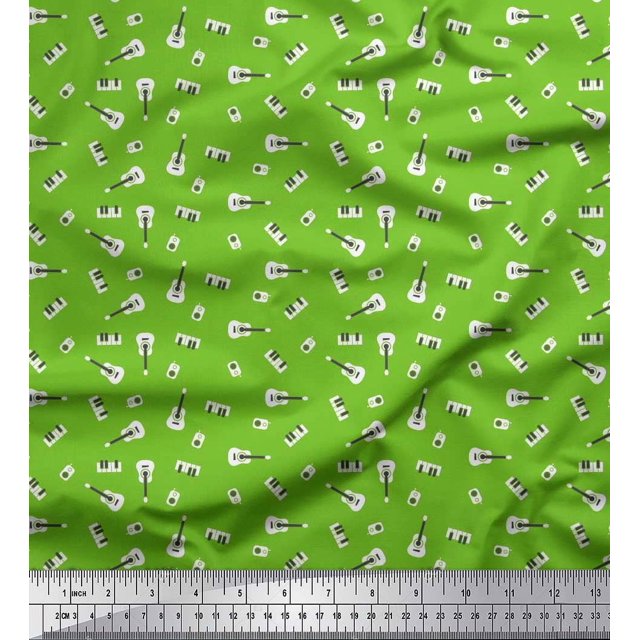 Soimoi Rayon Fabric Radio Transistor,Guitar & Piano Musical Instrument Decor Fabric Printed Yard 42 Inch Wide