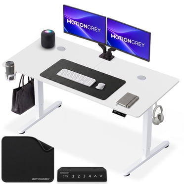 MotionGrey - Bureau Debout Électrique Ergo2 avec Tapis de Souris, Clavier à Mémoire à 4 Préréglages, Dessus Blanc 55” x 24”, Cadre Blanc – Bureau Ergonomique Réglable pour la Maison et le Bureau
