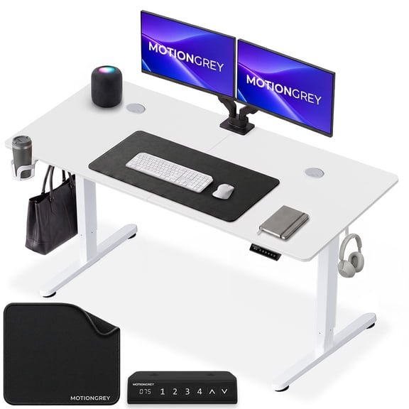 MotionGrey - Bureau Debout Électrique Ergo2 avec Tapis de Souris, Clavier à Mémoire à 4 Préréglages, Dessus Blanc 55” x 24”, Cadre Blanc – Bureau Ergonomique Réglable pour la Maison et le Bureau