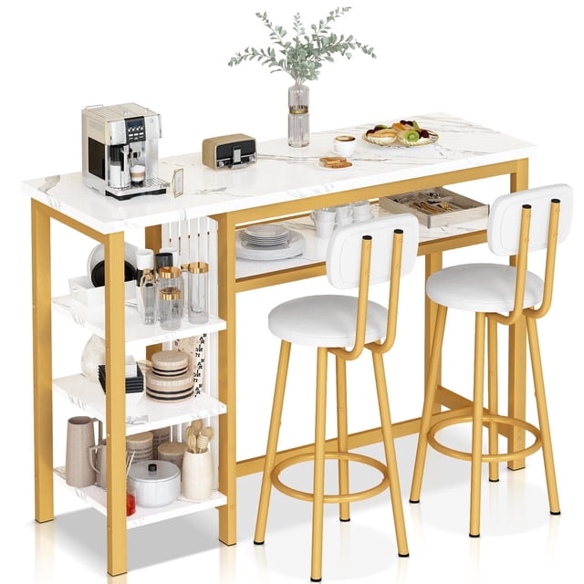 Lamerge Bar Dining Table Set for 2, featuring a 3-piece bar table and chairs set in white and gold. The counter-height table includes a durable MDF tabletop with a splash-proof finish and a sturdy metal frame. Two bar stools with PU leather cushions and ergonomic backrests provide comfort. The table features integrated storage shelves, ideal for small kitchens or breakfast nooks. Dimensions: Table - 47.2 x 15.74 x 41.33 inches, Stool - 13.77 x 13.77 x 38 inches.