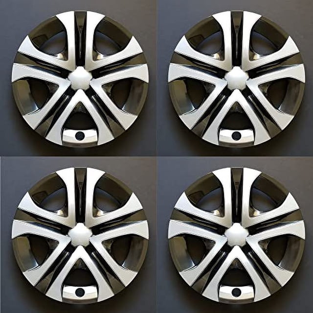 Set of 4 New Wheel Covers Hubcaps designed to fit 2013-2018 Toyota RAV4 models. These 17-inch hubcaps feature a 5-spoke design in a silver and black color combination, made from durable plastic. Compatible with Hollander #61179. Ensure compatibility with your vehicle before purchase.