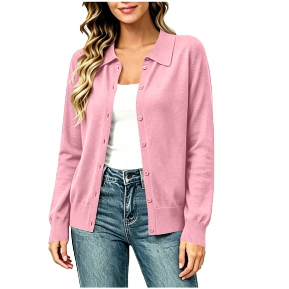 Dazajoo Cardigans Amusants pour Femmes Chic Décontracté Légers Tendance Manches Longues Col à Revers Boutonné Cardigans Tricotés Rose, TG