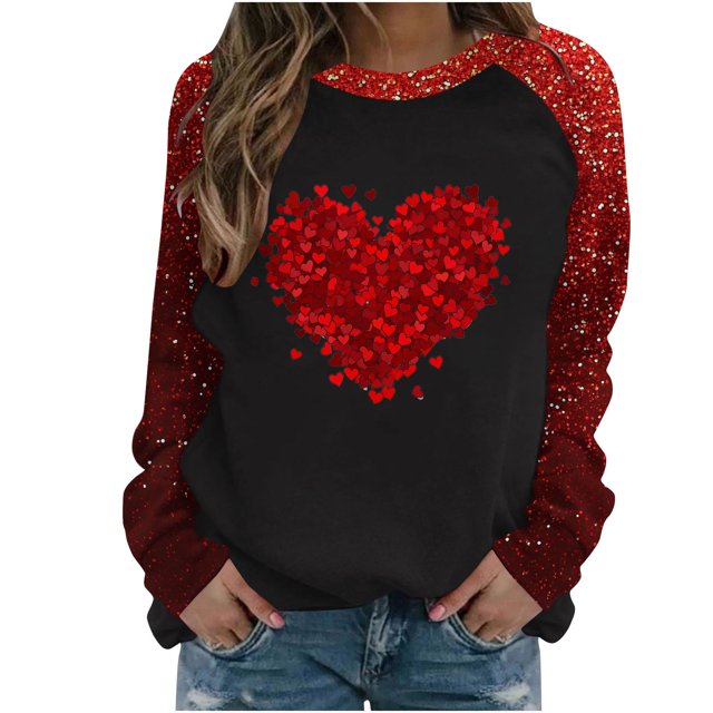 Penkiiy T-Shirts de la Saint-Valentin pour Femmes Col Rond Manches Longues Décontracté Cœur T-Shirt 3TG Rouge