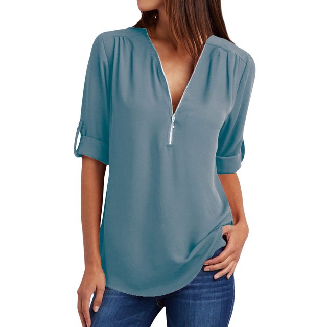 Haut Uni en Chiffon pour Femmes à Fermeture Éclair, Col en V, Boutons Ajustables, Manches Courtes