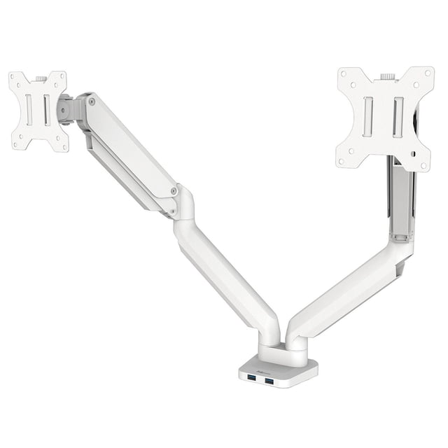 Platinum Series Bras Double pour Moniteur Blanc avec Deux Bras Réglables à Ressort à Gaz et Montages VESA pour Moniteurs jusqu'à 32 Pouces. Comprend une Gestion Intégrée des Câbles et Deux ports de Recharge USB à la base, Montage via Pince Ou Oeillet pour des Installations Ergonomiques de Bureau.