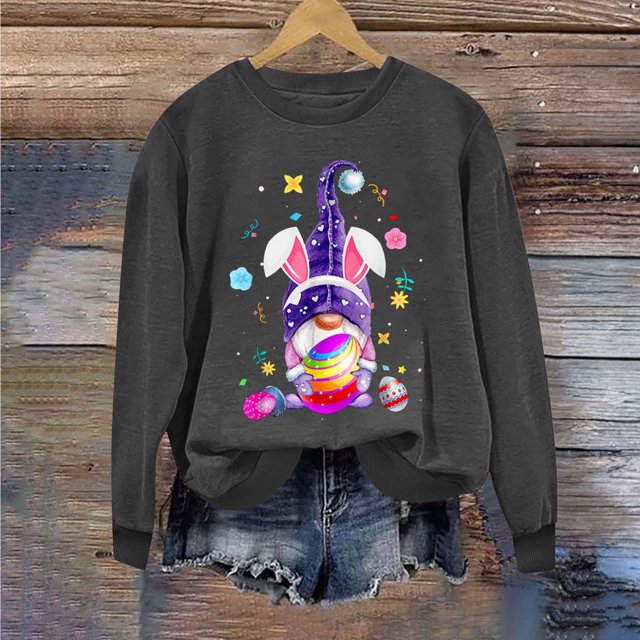EGNMCR T-Shirt Imprimé de Pâques T-Shirts Graphiques pour Femmes Chemises pour Femmes Journée de Pâques Chandail à Capuchon Imprimé à Col Rond pour Femme Haut à Manches Longues T-Shirts pour Femmes