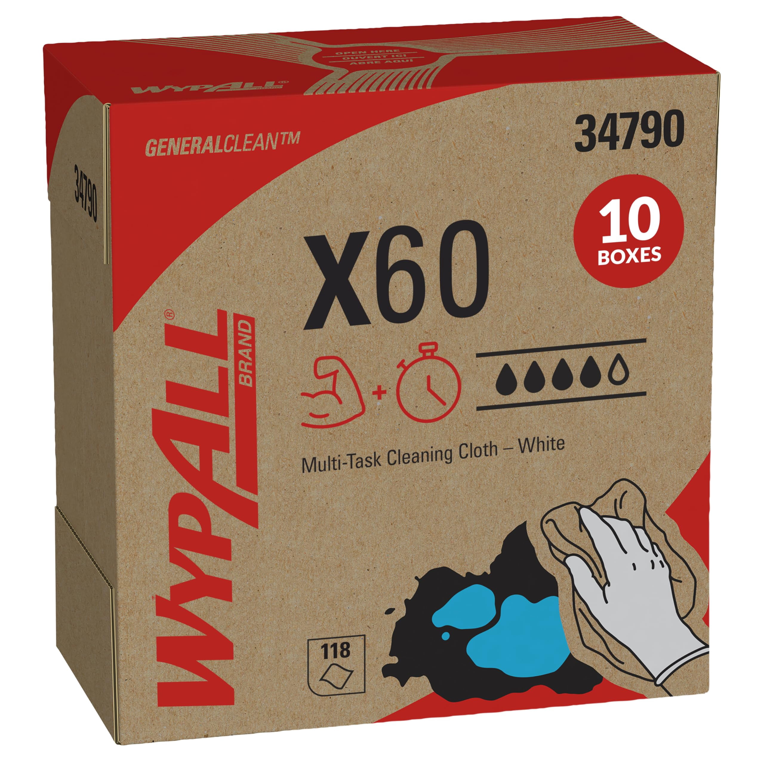 WypAll GeneralClean X60 Cloths Multi-Task Cleaning Wipes (34790), Pop-Up Box, Strong and Absorbent Towels, White (10 Boxes of 118 Sheets, 1,180 Sheet Total)