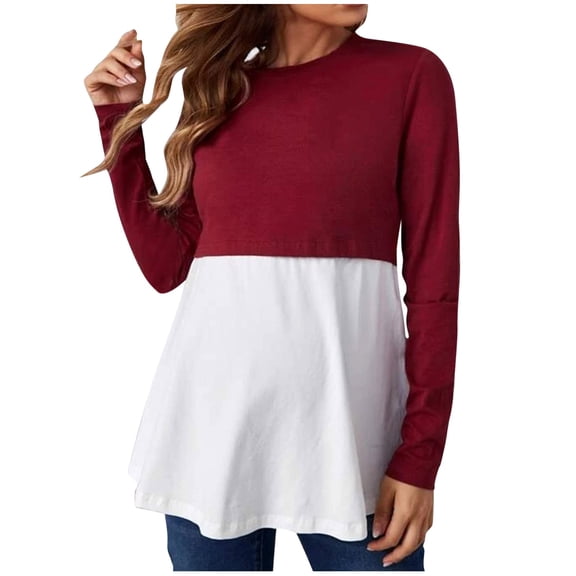 HaiMao Hauts de Grossesse Liquidation Femmes T-Shirts de Maternité à Blocs de Couleur Blouses de Grossesse Confortables Col Rond Manches Longues Blouse de Maternité Bordeaux 8(m)