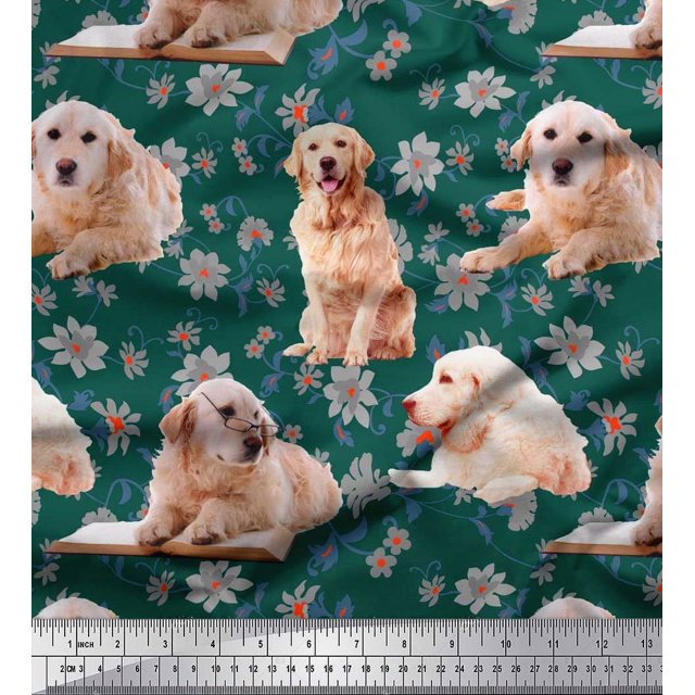 Soimoi Rayon Fabric Floral,Book & Golden Retriever Dog Printed Fabric 1 Yard 56 Inch Wide