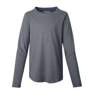 Hanes Girls` V-Notch Shirttail Long-Sleeve Crewneck T-Shirt, XS, Oxford Gray