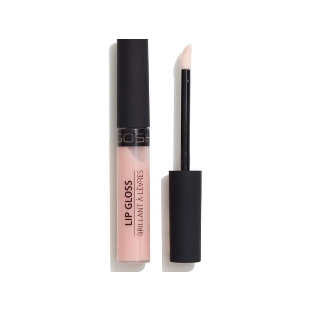 GOSH - Lip Gloss - 004 with a clear tube containing light pink gloss and black matte cap, next to an applicator wand with a soft angled tip, providing ultimate shine, non-stick texture, and moisturizing lip care for a glossy finish.