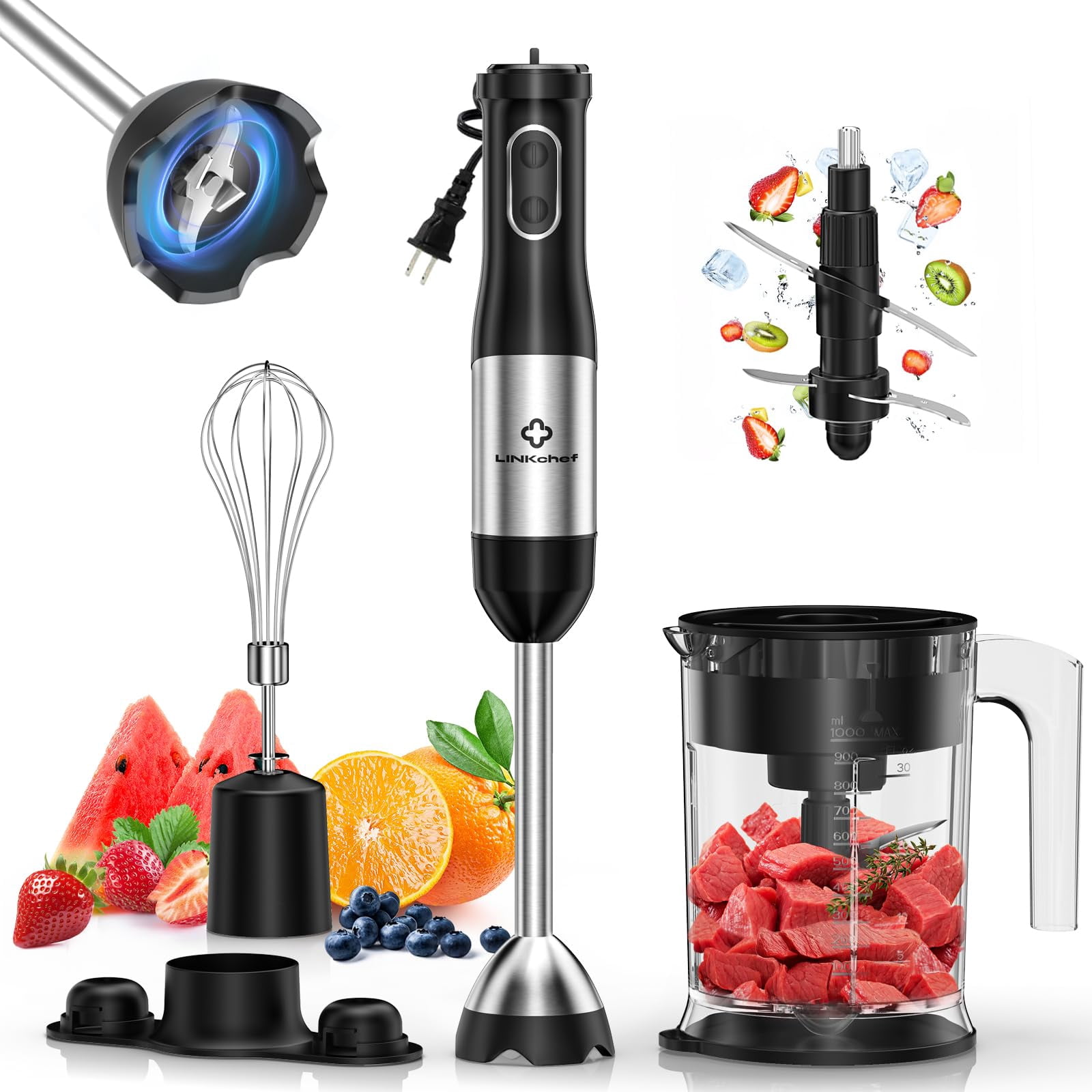 LINKChef 4 in 1 Immersion Blender Handheld, 800W with Titanium Steel Blades, 20 Speeds, Turbo Mode, Scratch-Resistant Stick Hand Blender with Whisk &