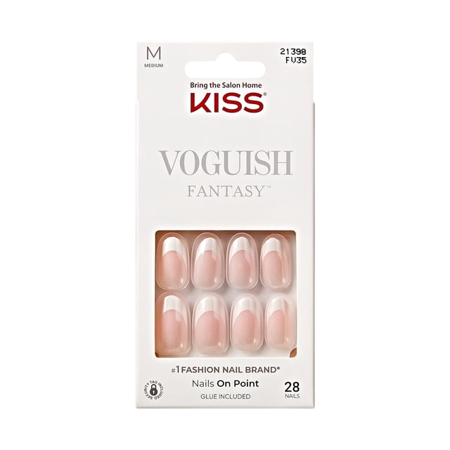 KISS Voguish Fantasy - Golden Warmth, White, Oval, Medium, 24 Ct press-on acrylic nails in white packaging with a clear window showing 8 medium oval nails featuring a natural pink base and white tips, ideal for DIY manicure and salon-quality nail care at home with glue included.