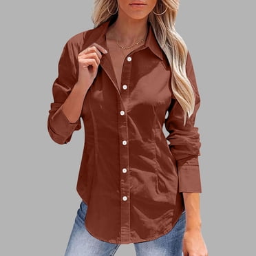 AherBiu Linen Shirts for Women Button down Long Sleeve Lapel Tops Work Office Classic Casual Solid Blouses