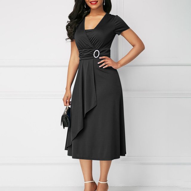 EGNMCR Robes de Soirée pour Femmes, Robes Formelles pour Femmes, Robes de Cocktail pour Femmes à Manches Courtes Robe à Col en V Robe d'Été Unie à Manches Courtes à Col en V pour Femmes Robe pour Femme