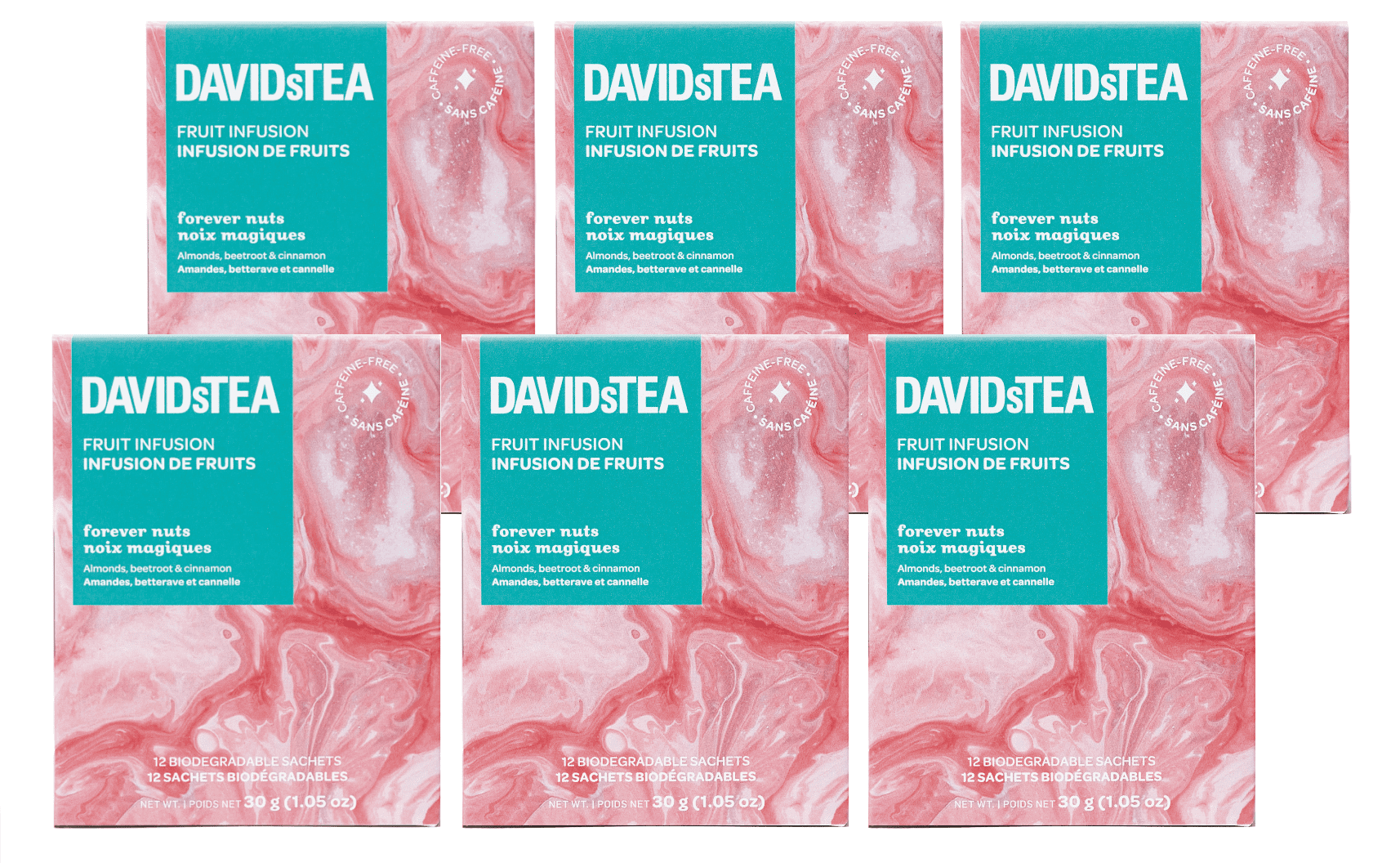 DAVIDsTEA - Herbal - Pack of 12 Individually Wrapped Sachets - Forever Nuts (6 boxes, 72 sachets)