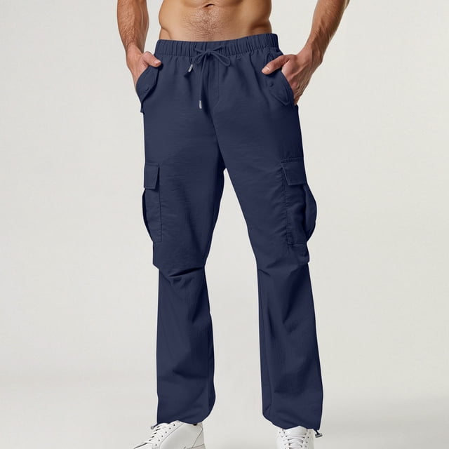 FcBaudy Full Length Pants Men's Casual Sport Pocket Drawstring Solid Color Elastic Waist Cargo Pants Men Pants