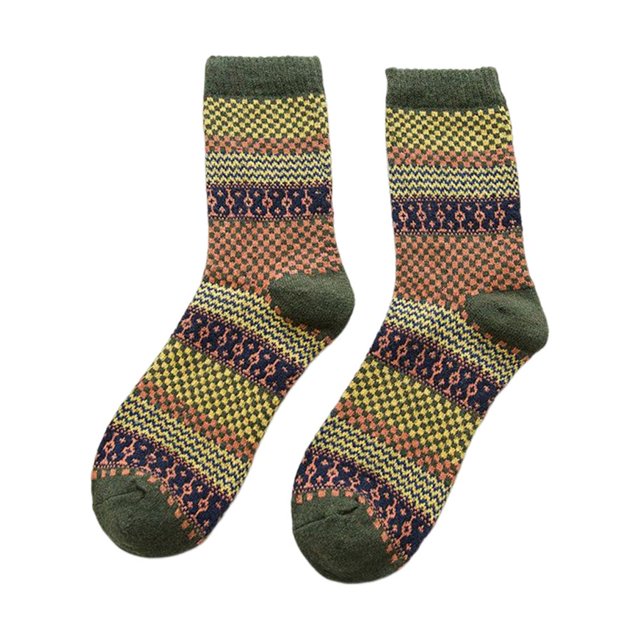 serony Winter Square Block Crew Length Wool Breathable Men Socks Vintage Ethnic Style Moisture Wicking