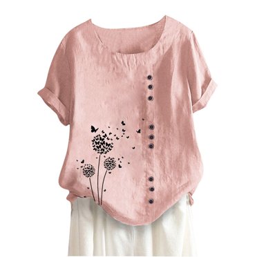 Pisexur 2023 Hauts pour Femmes Grande Taille Été Manches Courtes Col Rond Blouse Ample Mode Décontractée Unie Hauts et Blouses à Fleurs Chemises Amples