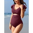 thumbnail image 3 of Ruffled V Neck 1 Piece Swimsuit for Maternity Tie Back Bath Suit Ribbed Cut Out Swimwear, 3 of 8