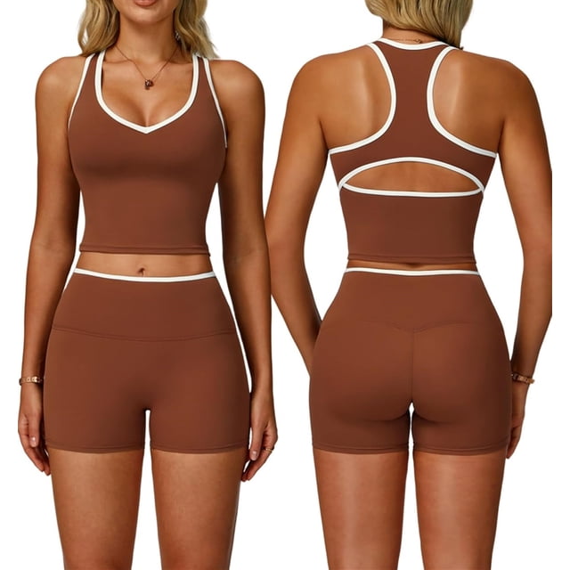 PISONIC Women Two Piece Workout Sets Color Block Backless Tank Top and High Waist Booty Lifting Shorts Gym Yoga Active Outfits