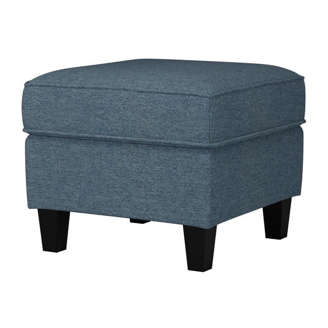 CorLiving Georgia Linen-Like Upholstered Square Ottoman with Wood Legs in blue polyester fabric, featuring a solid foam padded cushion and sturdy black rubberwood legs, shown in a front 3/4 view on a white background, ideal for living room seating, footrest, or occasional table use.