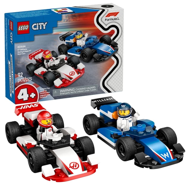 LEGO City F1 Williams Racing & Haas Ensemble de Jouets Voiture de Course F1 Comprenant Deux Voitures de Course de Formule 1 à Construire en Bleu et Blanc-Rouge avec des Minifigurines de Pilote, Incluant Williams et Haas branding, Conçu pour les Enfants de 4 Ans et Plus avec 92 Pcs pour Jeu Interactif.