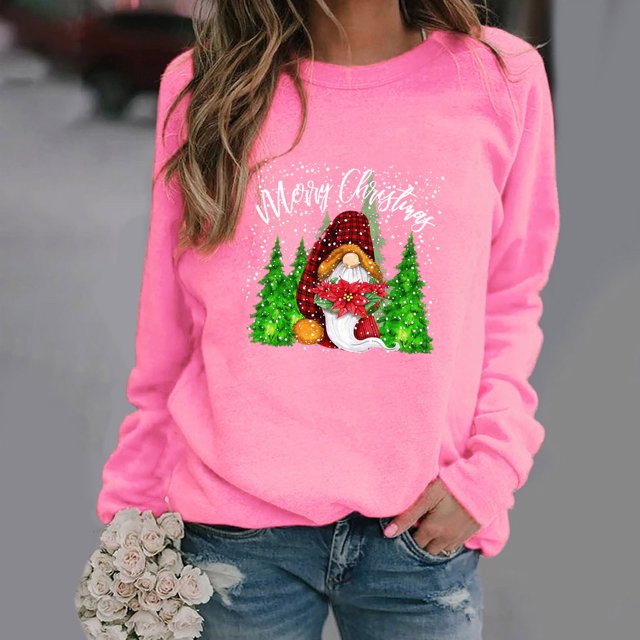 Qertyioot Pull d'Hiver Mode Femme Imprimé de Noël, Manches Longues Col Rond Chaud Ample Tendance Hauts Tricotés