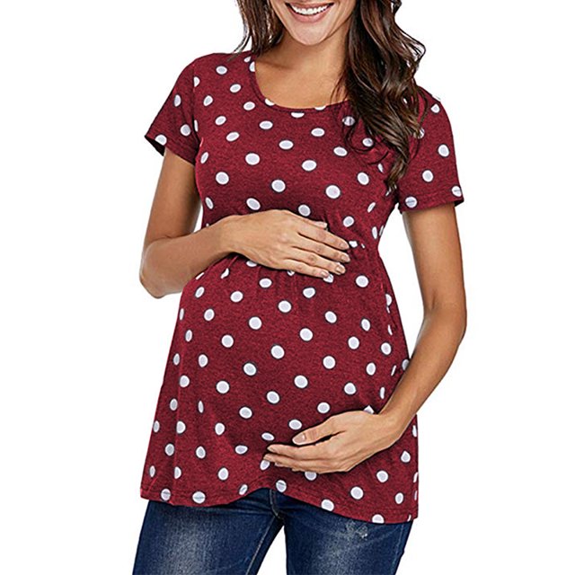 Julyccc Maternity Dot Polka Round Neck Short Sleeve Tunic Tops