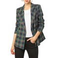 thumbnail image 2 of INSPIRE CHIC Women's Vintage Plaid Blazer Double Breasted Notched Lapel Jacket with Padded Shoulders S Blue Green, 2 of 8