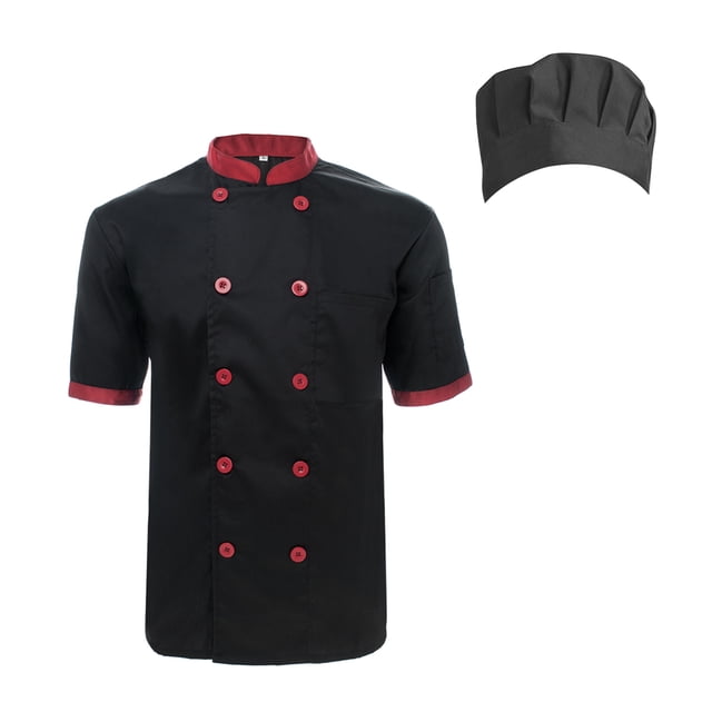 TopTie Unisex Short Sleeve Cooking Chef Coat Jacket with Adjustable Hat-black red-L