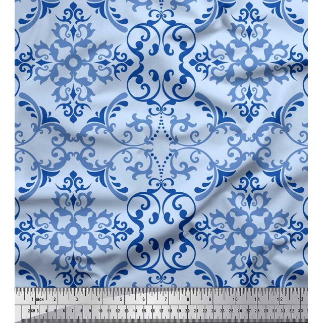 Soimoi Blue polyester Crepe Fabric Vector Design Damask Print Fabric by the Yard 52 Inch Wide