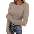 thumbnail image 3 of YOIAVAIOY Women Long Sleeve Shirts Rib Knit Slim Fit Basic Tees Fall Casual Outfits Spring Fall Undershirts Khaki XL, 3 of 9