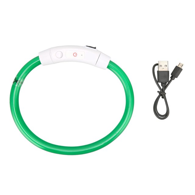 Lighted Glow Collar, Rechargeable LED Dog Collar in green with cuttable PVC and TPU material. Designed for dog safety and night visibility, it features 3 light modes: fast flashing, slow flashing, and constant light. Includes a USB charging cable and built-in lithium-ion battery with 70mAh capacity.