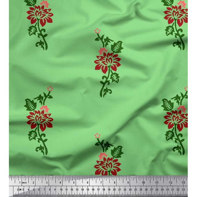 Soimoi Poly Georgette Fabric Leaves & Floral Block Print Fabric by The Yard 42 Inch Wide